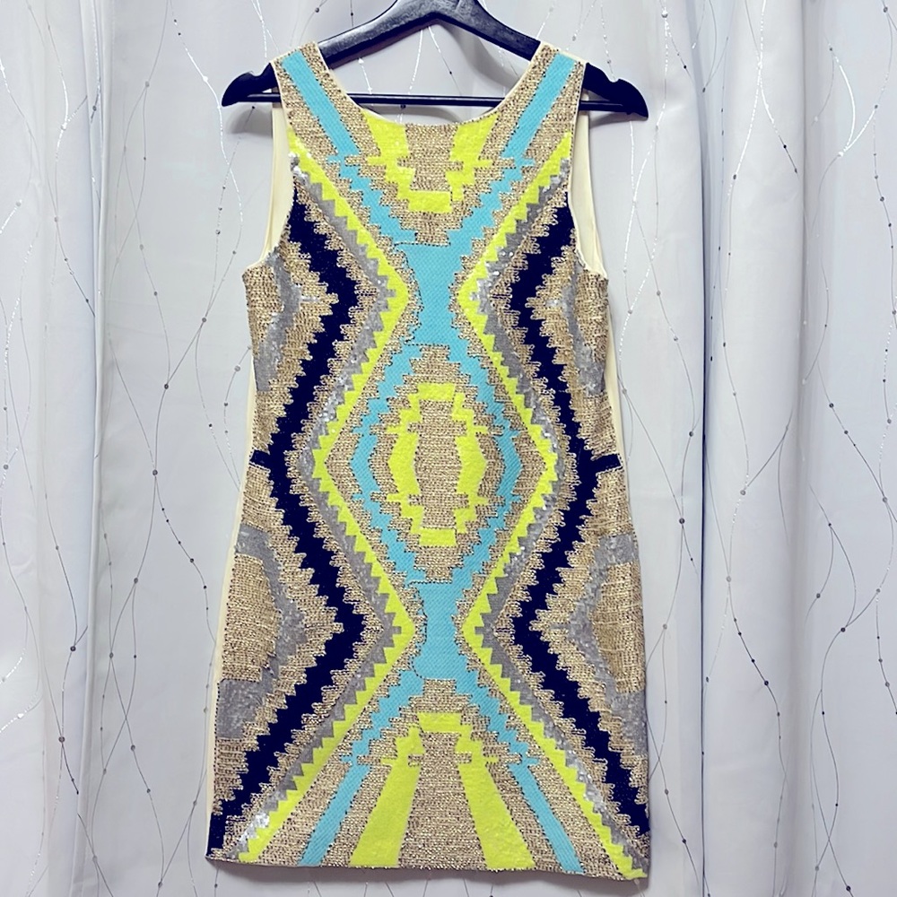 Harper | Embellished geometric print shift dress gold, black, lime, blue sequins